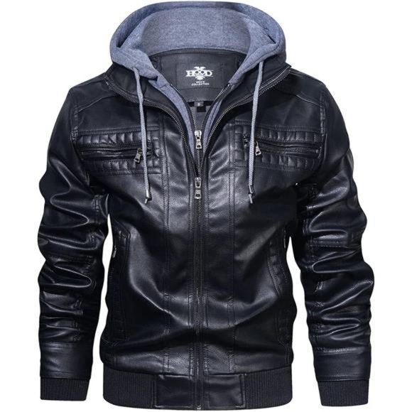 Men Faux Leather Jacket with Detachable Hood Casual Motorcycle Bomber